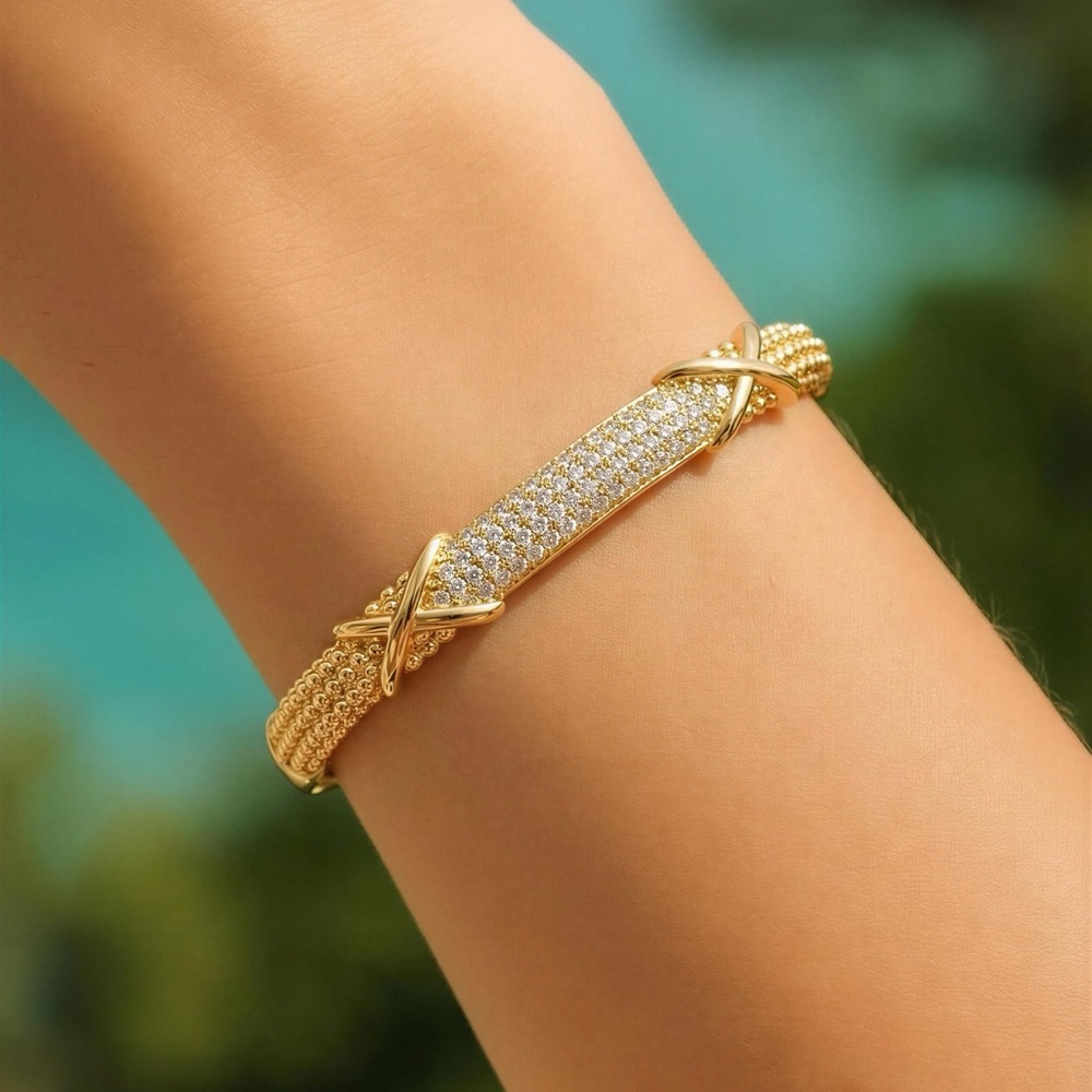 Gold Pave Crystal Mesh Bracelet - Elegant Women’s Bracelet